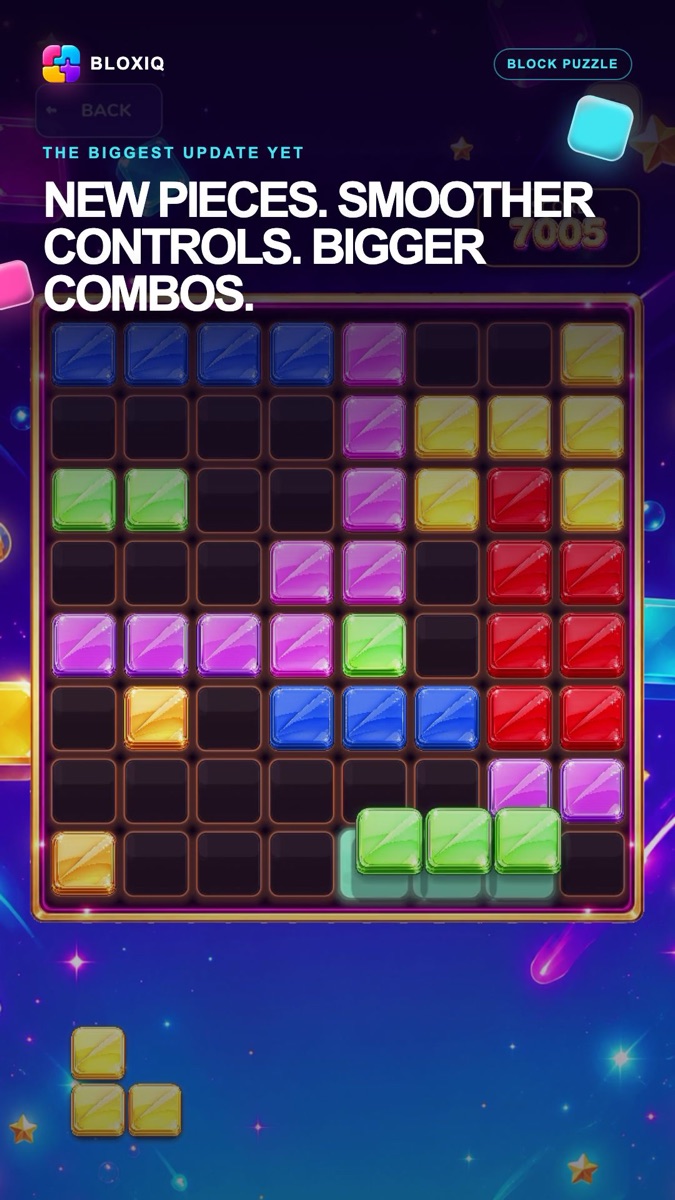 Colorful Bloxiq gameplay showing blocks arranged on the puzzle board
