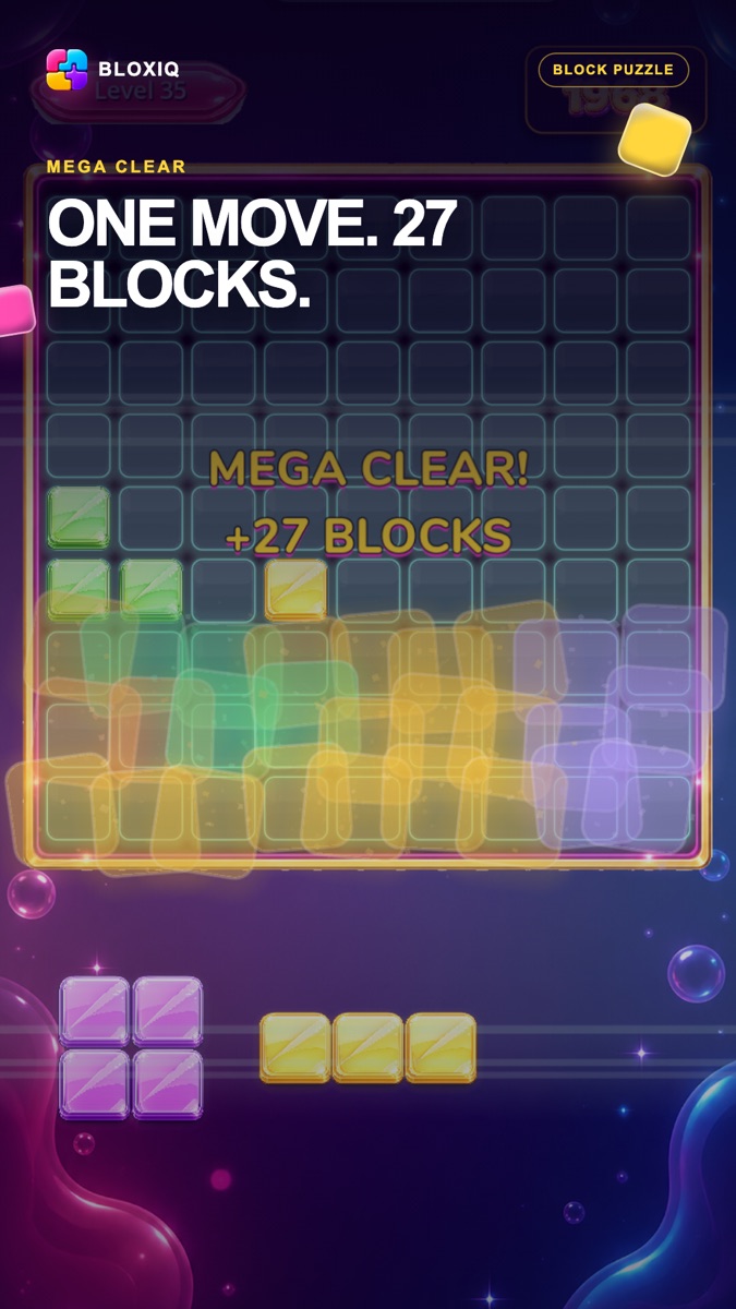 Bloxiq gameplay featuring a four-line mega clear